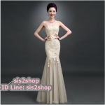 พร้อมส่ง ชุดราตรียาว สีครีม แบบเกาะอก ลายลูกไม้ ทรงหางปลาแต่งผ้าตาข่าย (เชือกผูกหลัง)