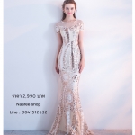 ชุดราตรียาวแขนสั้นทรงหางปลา สีครีมแชมเปญ แต่งเลื่อมลายดอกไม้(ซิปหลัง)