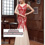 พร้อมส่ง ชุดราตรียาว สีแดง แบบแขนกุด ลายลูกไม้ ทรงหางปลาแต่งผ้าตาข่าย (เชือกผูกหลัง)