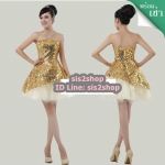 พร้อมเช่า ชุดแฟนซี ชุดราตรีสั้น เกาะอก สีทอง ผ้าปักเลื่อม กระโปรงสุ่ม Tutu