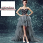 Pre-order ชุดแฟนซี ชุดราตรีสั้น สีดำเทา เกาะอก หน้าสั้นหลังยาว แต่งขนนกช่วงอก กระโปรงเป็นชั้น ๆ เชือกผูกหลัง