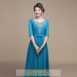 Pre-order ชุดราตรียาว ชุดเพื่อนเจ้าสาว แขนยาว แต่งลูกไม้ช่วงอก กระโปรงชีฟอง แต่งเลื่อม คาดโบว์ที่เอว มีซิป