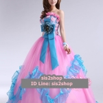 พร้อมเช่า ชุดแฟนซี ชุดราตรี สีฟ้า เกาะอก ไหล่เดียว แต่งดอกช่วงอกและเอว เชือกผูกหลัง กระโปรงพองสวย สไตล์เจ้าหญิง