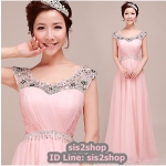 พร้อมส่ง ชุดราตรียาว สีชมพู แบบแขนกุด แต่งเพชรหรู จับจีบช่วงอก สวยหวาน
