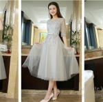 Pre-order ชุดราตรียาว แขนสามส่วน แต่งผ้าลูกไม้ช่วงอก กระโปรงตาข่าย เชือกผูกหลัง