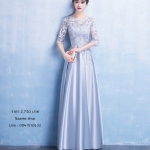 ชุดราตรียาวแขนยาวสีเทาแต่งลูกไม้ช่วงบนกระโปรงผ้าซาติน(ซิปหลัง)