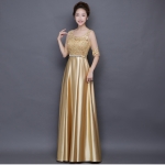 Pro-order ชุดราตรียาว แขนสามส่วน สีทอง อกแต่งลูกไม้ กรโปรงเนื้อผ้ามัน คาดเอวคริสตัล