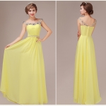 Pre-order ชุดราตรียาว สีเหลือง แขนกุด แต่งเพรชช่วงอก จับจีบ กระโปรงชีฟอง ซิปหลัง