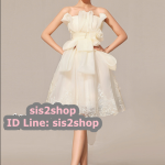 พร้อมเช่า ชุดราตรีสั้น เกาะอก สีครีม Champagne ผ้าแก้วแต่ง Layer กระโปรงลูกไม้