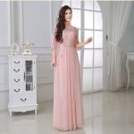 Pre-order ชุดราตรียาว แขนยาว ลูกไม้ สีชมพู กระโปรงชีฟอง แต่งเพชรที่อกและเอว ซิปหลัง