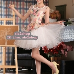 พร้อมเช่า ชุดแฟนซี ชุดราตรีสั้น หวานแบบ Vintage ผ้าโปร่งลายดอกไม้ กระโปรงผ้าแก้วสีขาว สวยหวาน