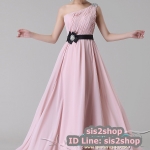 พร้อมส่ง ชุดราตรียาว แบบไหล่เดียว สีชมพู Pastel ผ้าชีฟอง อกจับจีบตีเกล็ด ไหล่ซ้ายแต่งคริสตัลหรู ช่วงเอวโบว์สีดำพร้อมเข็มกลัด (ซิปหลัง)