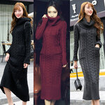 เดรสยาวกันหนาว เดรสไหมพรมคอเต่า คอพับใหญ่ ไหมพรมนุ่มถักลายนูน (12298B)