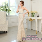 พร้อมส่ง ชุดราตรียาว เกาะอก ไหล่เดียว สีครีม Champagne ลูกไม้ทั้งตัวเข้ารูป แต่งคริสตัล ด้านหลังเป็นซีทรู