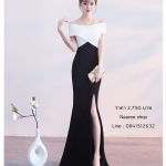 ชุดราตรียาวแบบไหล่ปาดสีทูโทน ทรงเข้ารูป แบบเก๋ (ซิปหลัง)