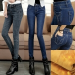 กางเกงยีนส์กันหนาวเอวต่ำ ทรงสลิม ซับกำมะหยี่ใส่ติดลบได้ (11725X)