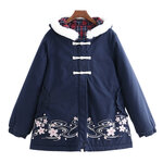 เสื้อโค้ทกันหนาวแฟชั่นญี่ปุ่น ฮู้ดแต่งเฟอร์ ปักลายสไตล์วินเทจ (12206LM)