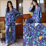 🚩พร้อมส่ง🚩ชุดนอนขายาว Silk Satin ไหมซาตินพรีเมี่ยม พิมพ์ลายดอกสไตล์วินเทจสีสด ผ้านุ่มลื่นละมุนผิว (ST122)