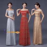 Pre-order ชุดราตรียาว ไหล่ปาด แขนสั้น แต่งเกล็ด ระยิบระยับ เข็มขัดรูปใบไม้สีทอง มีซิป เรียบหรู