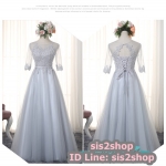 พร้อมส่ง ชุดราตรียาว แขนยาว สีเทา แต่งลูกไม้ช่วงอก กระโปรงผ้าตาข่าย สวยหวาน โชว์หลัง (เชือกผูกหลัง)