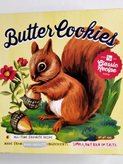 ของสะสม กล่องสังกะสี (กล่องโลหะ) กล่องคุกกี้ S&P ทรงสี่เหลี่ยม ฝาสีเหลืองลายกระรอกและลูกวอลนัท ตัสกล่องพิมพ์ลายน่ารัก Classic Recipe