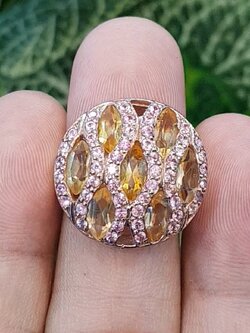 แหวน พลอยซิทรีน Citrine Silver Ring (Size) 55 ตัวเรือนเงิน ชุบทอง ประดับด้วยพิ้งแซฟไฟร์ เพชร CZ คัดคุณภาพ