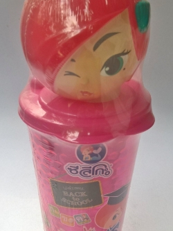 แก้วน้ำสำหรับสะสม**ไม่ควรทานสาหร่ายในแก้ว ตรา"Seleco",ของสะสมจากสาหร่ายแบรนด์ซีลีโกะ "แก้วน้ำสีชมพูพร้อมท็อปเปอร์หัวมาสค๊อตสาวผมแดง"