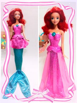 ตุ๊กตาบาร์บี้เจ้าหญิงเงือกน้อยแอเรียล ของแท้ Mattel สามารถเปลี่ยนจากหางเป็นกระโปรงได้ ด้วยการค่อยๆดึงกระโปรงลงมา จนมีความยาวตามภาพแล้วจะได้เจ้าหญิง และเมื่อต้องการกลับเป็นเงือกน้อยก็ให้ค่อยๆดึงส่วนของหาง ที่อยู่ใต้กระโปรงลงมาส่วนของกระโปรงจะกลับขึ้นไปจนได