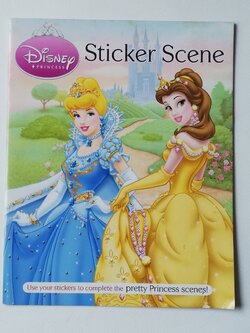 มีหลายภาพ,มุมปกล่างมีตำหนิ หนังสือนิทานพร้อมสติ๊กเกอร์ เจ้าหญิงดิสนีย์ Sticker Scene :- แอเรียล ,แบลล์ ,ซินเดอเรลล่า, สโนไวท์, อาละดิน