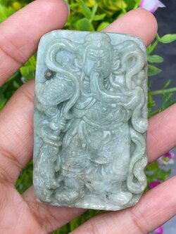 หยกแกะสลัก รูปกวนอู หยก พม่า แท้ (Burmese jadeite) พลอยแท้ อัญมณีมงคลประจําวันเกิด เครื่องประดับพลอย