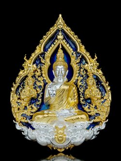 พระพุทธประทานพร รุ่น พุทธบารมี รหัส4 เนื้อบรอนซ์ชุบทอง ลงยาน้ำเงิน องค์ชุบ2K