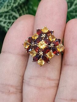 แหวน พลอย โกเมน บุษราคัม Yellow Sapphire Garnet Ring (Size) 54 ตัวเรือนเงิน ชุบทอง พลอยแท้ อัญมณีมงคลประจําวันเกิด เครื่องประดับพลอย