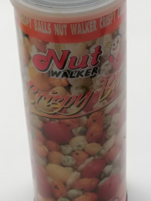 ของสะสม กล่องสังกะสี (กล่องโลหะ) กระป๋องถั่วรวม NUT WALKER,CRISPY BALLS กระป๋องทรงกระบอกสีส้ม ลายถั่ว เส้นผ่าศุนย์กลางประมาณ 3" ความสูงประมาณ 8" พร้อมฝา