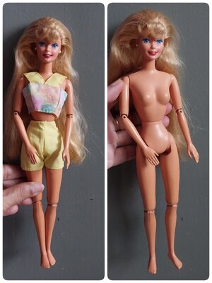 มีหลายภาพ ข้อหลวม มือมีตำหนิ ตุ๊กตาบาร์บี้วินเทจข้อต่อรุ่นเก่า Mattel 1993 แถมชุด