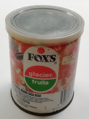 ของสะสม กล่องสังกะสี (กล่องโลหะ) กระป๋องลูกอม ตรา FOX'S glacier fruits,crystal clear sweet ทรงกระบอก เส้นผ่าศุนย์กลางประมาณ 3.5" สูงประมาณ 4.5"