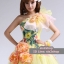 พร้อมเช่า ชุดแฟนซี ชุดราตรียาว สีเหลืองอ่อน ไหล่เฉียง แต่งระบายผ้าแก้ว และดอก Peony