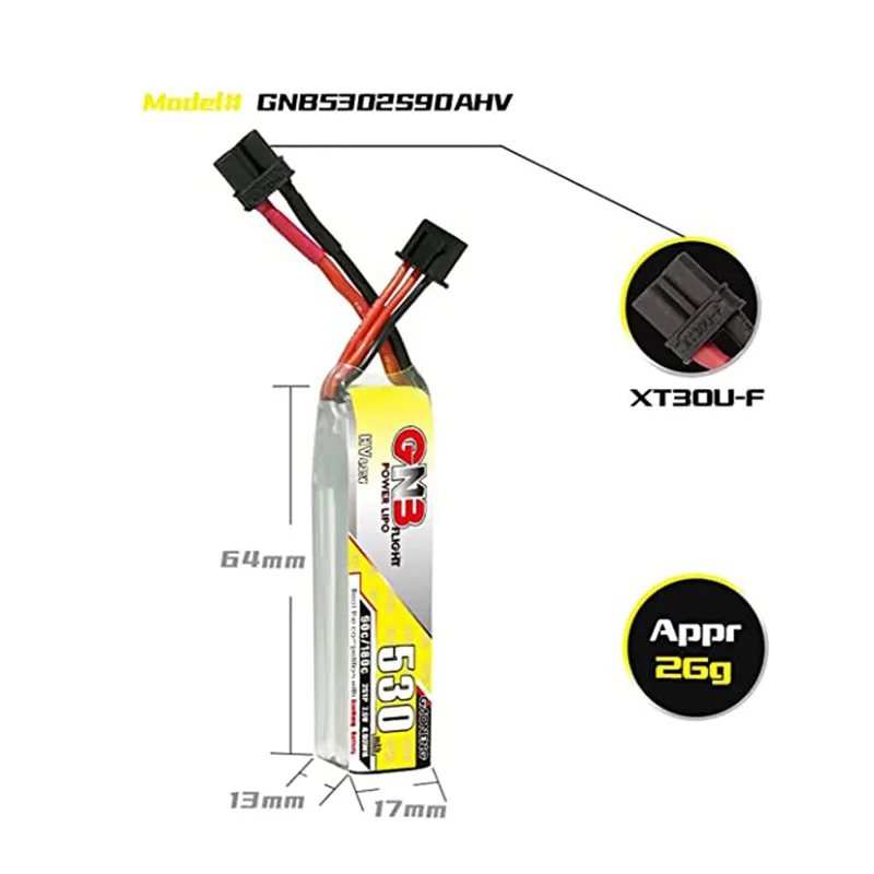 แบตสำหรับ Mobula8 2S Gaoneng GNB 2S 530MAh 90C HV 3.8V XT30 Connector FPV Flight Power LiPo LiHv Battery